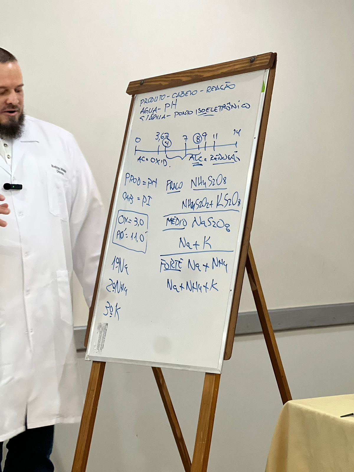 Rodrigo Menha explicando reações químicas no quadro durante a aula teórica